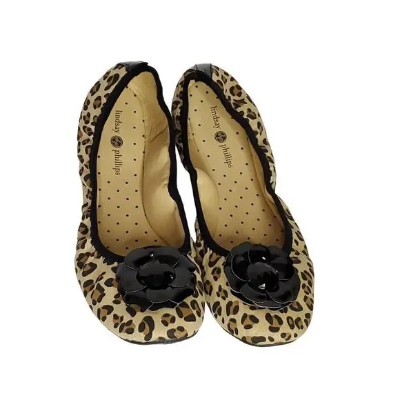 Lindsay Phillips Canvas Ballet Flats 9.5 Leopard Brown Black - Picture 3 of 5